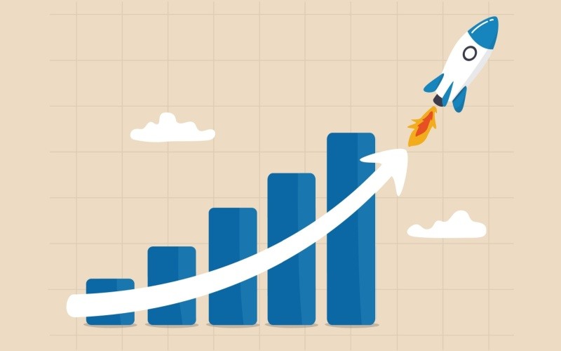 bar graph with rocket indicating upward motion