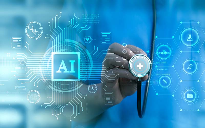 medical worker with AI icons