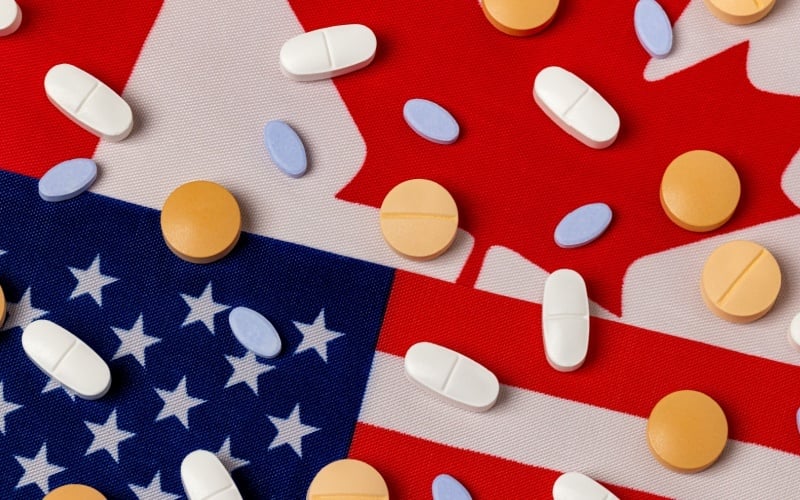 pills sitting on top of American flag