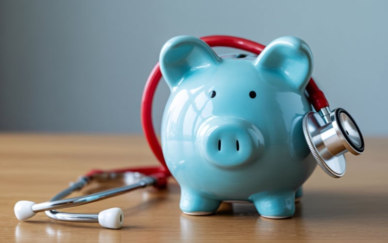 blue piggy bank with a red stethoscope wrapped around it on a table