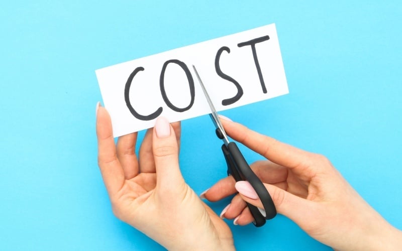person with scissors cutting the word cost in half