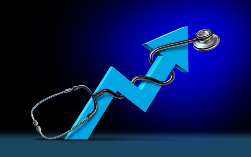 stethoscope wrapped around blue arrow moving up