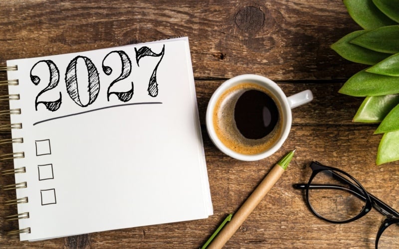 notebook that reads 2027 on desk